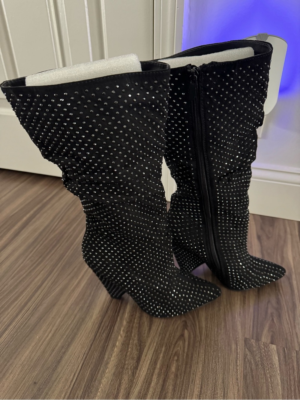 BAMBOO Black Rhinestone Mid-Calf Heeled Boots